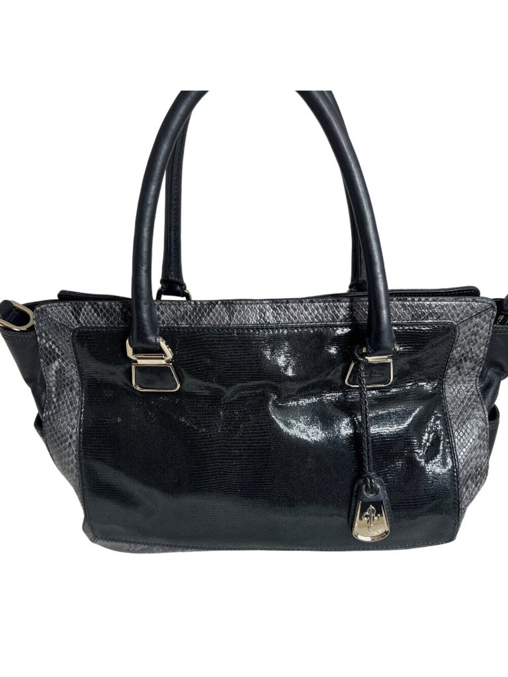 Cole Haan Black Leather & Snakeskin Tote Bag With Gold Hardware & Red Lining